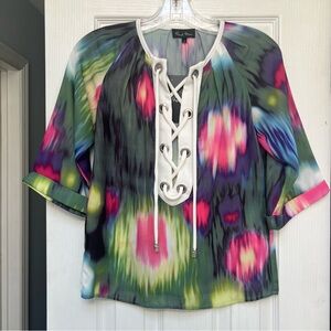 French Mason Peasant Boho Lace Up Blouse Women's Multicolor Front tie Top size 1